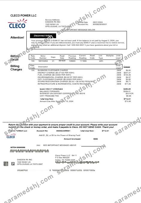 USA Louisiana Cleco Power electricity business utility bill template in Word and PDF formats